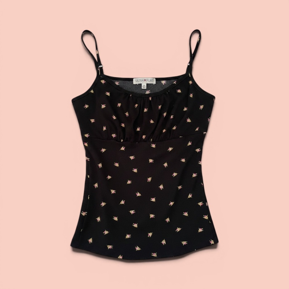 Ultra Flirt Floral Cami Top Black Pink Rosebud Ribbed Empire Waist XS Coquette